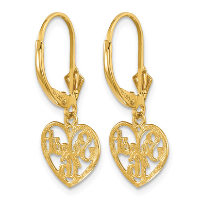 14K Polished SWEET 16 in Heart Dangle Leverback Earrings
