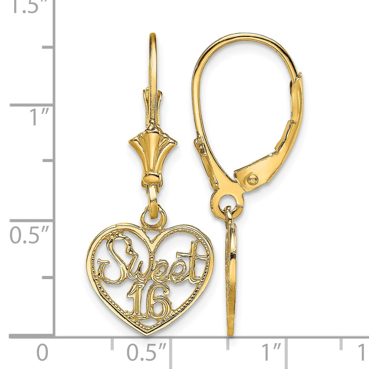 14K Polished SWEET 16 in Heart Dangle Leverback Earrings