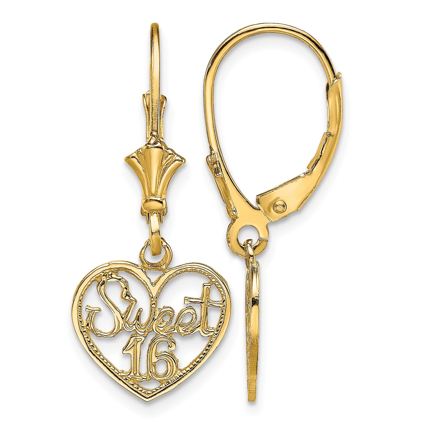 14K Polished SWEET 16 in Heart Dangle Leverback Earrings