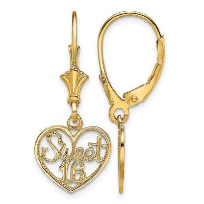 14K Polished SWEET 16 in Heart Dangle Leverback Earrings