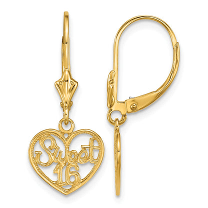 14K Polished SWEET 16 in Heart Dangle Leverback Earrings