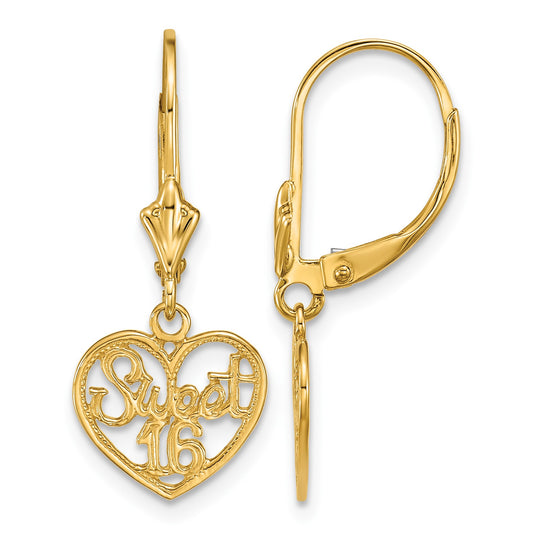 14K Polished SWEET 16 in Heart Dangle Leverback Earrings