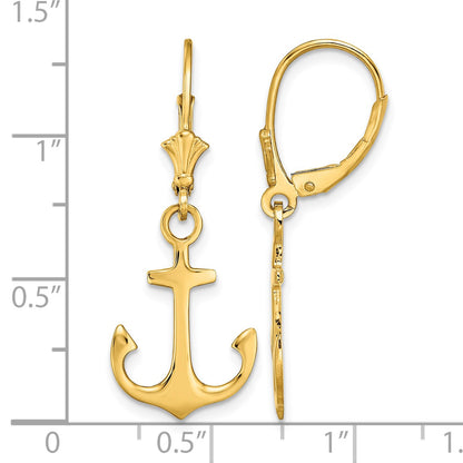 14K 2-D Polished Anchor Dangle Leverback Earrings