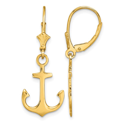 14K 2-D Polished Anchor Dangle Leverback Earrings