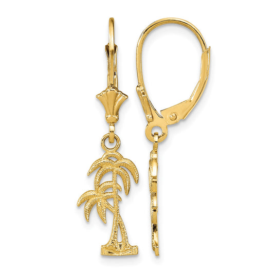 14K Two Palm Trees Dangle Leverback Earrings