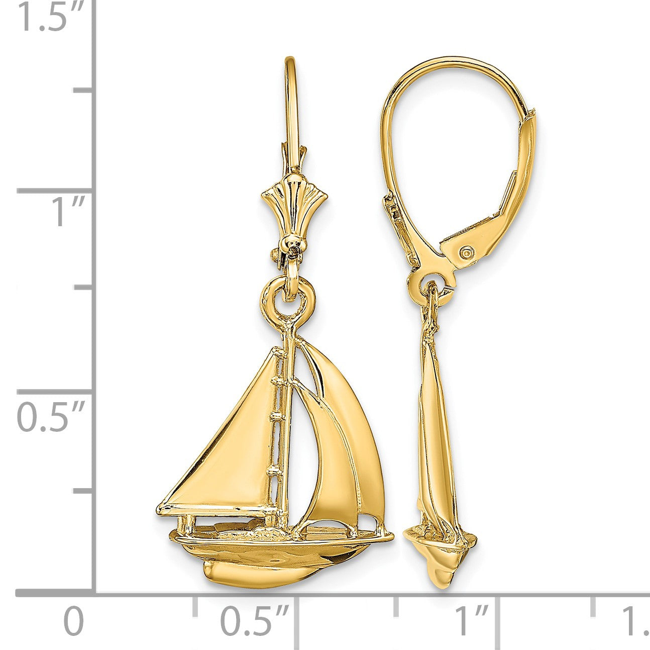 14K  3-D Polished Sailboat Dangle Leverback Earrings