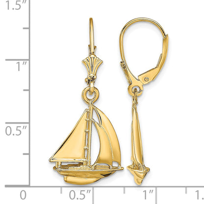 14K  3-D Polished Sailboat Dangle Leverback Earrings