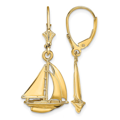 14K  3-D Polished Sailboat Dangle Leverback Earrings
