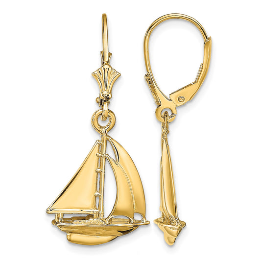14K  3-D Polished Sailboat Dangle Leverback Earrings
