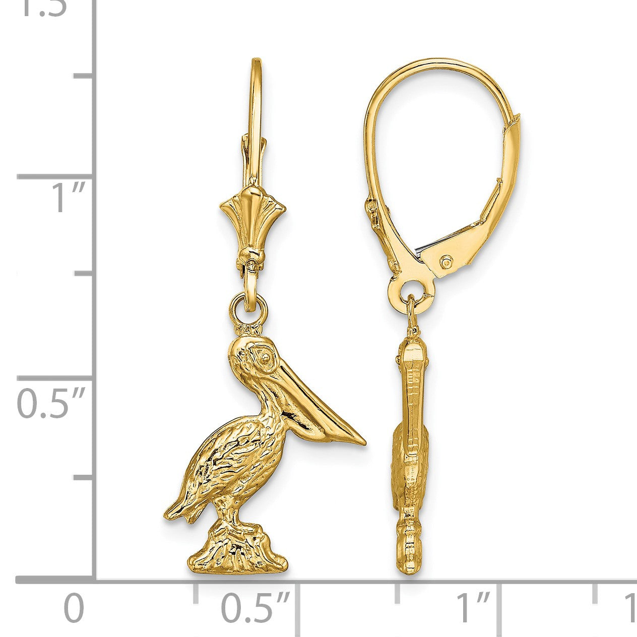 14K 3-D Standing Pelican Dangle Leverback Earrings