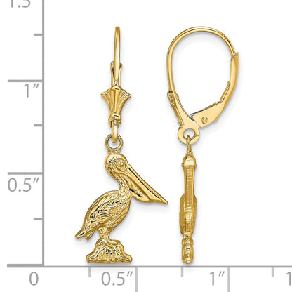 14K 3-D Standing Pelican Dangle Leverback Earrings