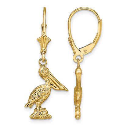 14K 3-D Standing Pelican Dangle Leverback Earrings