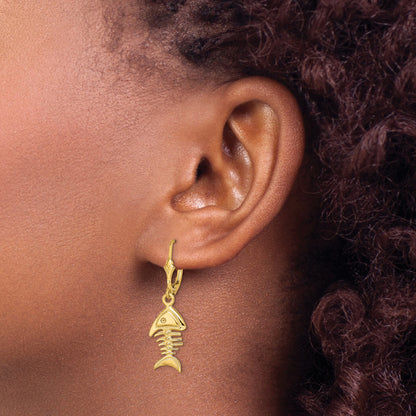 14K 3-D Fishbone Dangle Leverback Earrings