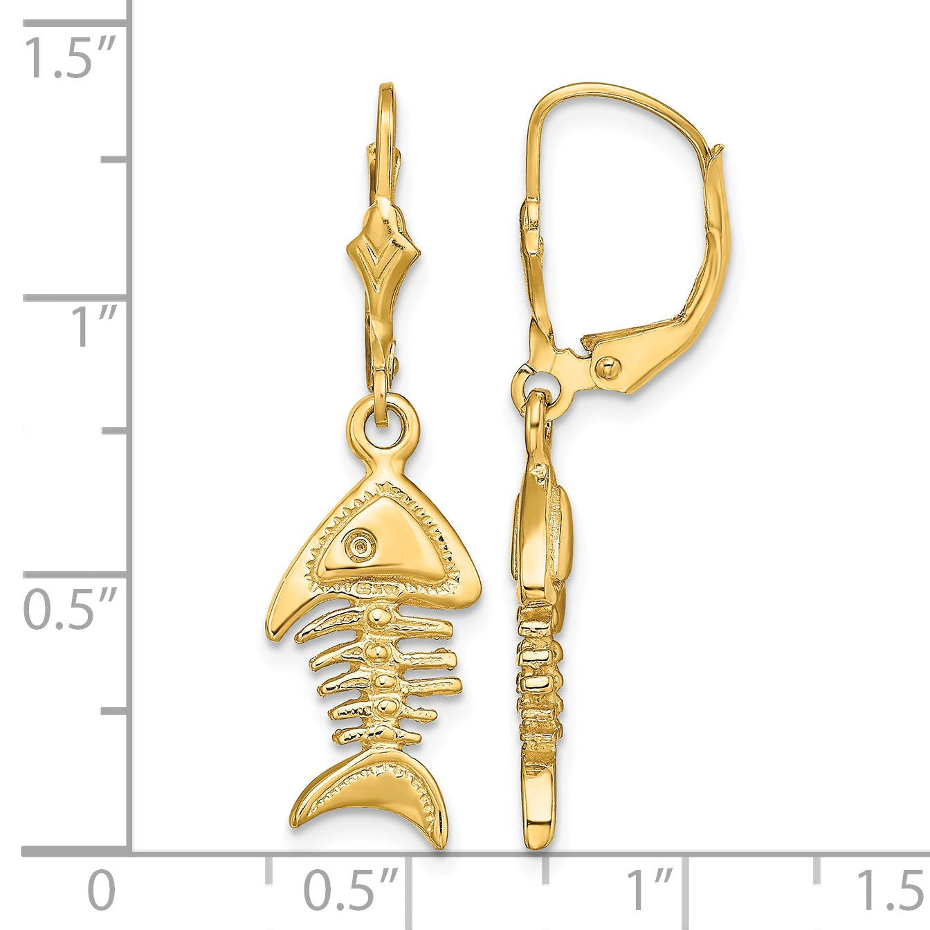 14K 3-D Fishbone Dangle Leverback Earrings