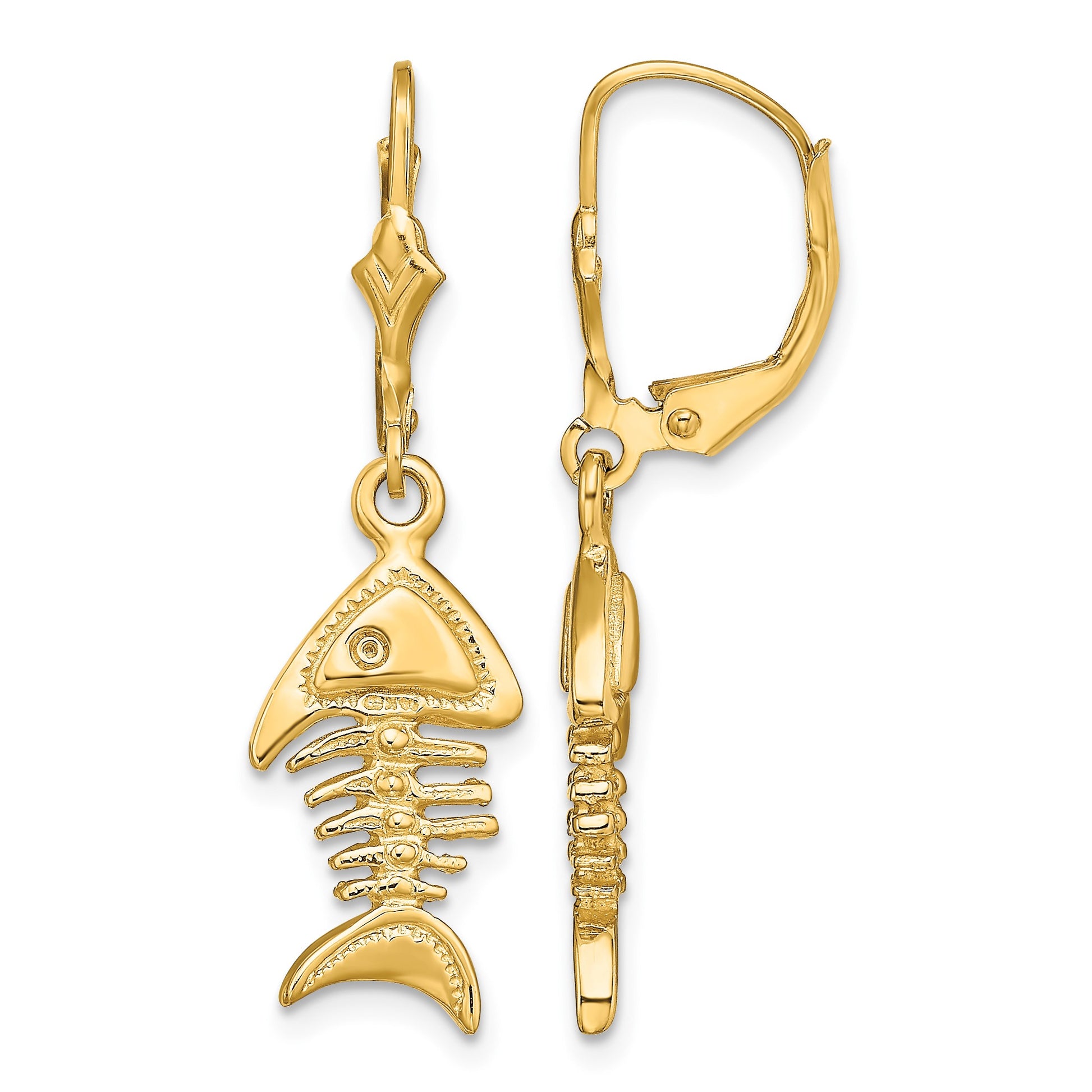 14K 3-D Fishbone Dangle Leverback Earrings