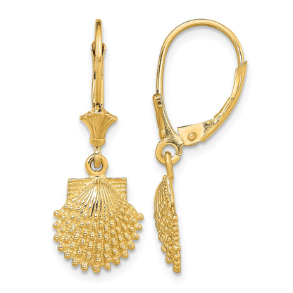 14K 2-D Beaded Scallop Shell Leverback Earrings