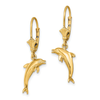 14K 3-D Dolphin Jumping Dangle Leverback Earrings