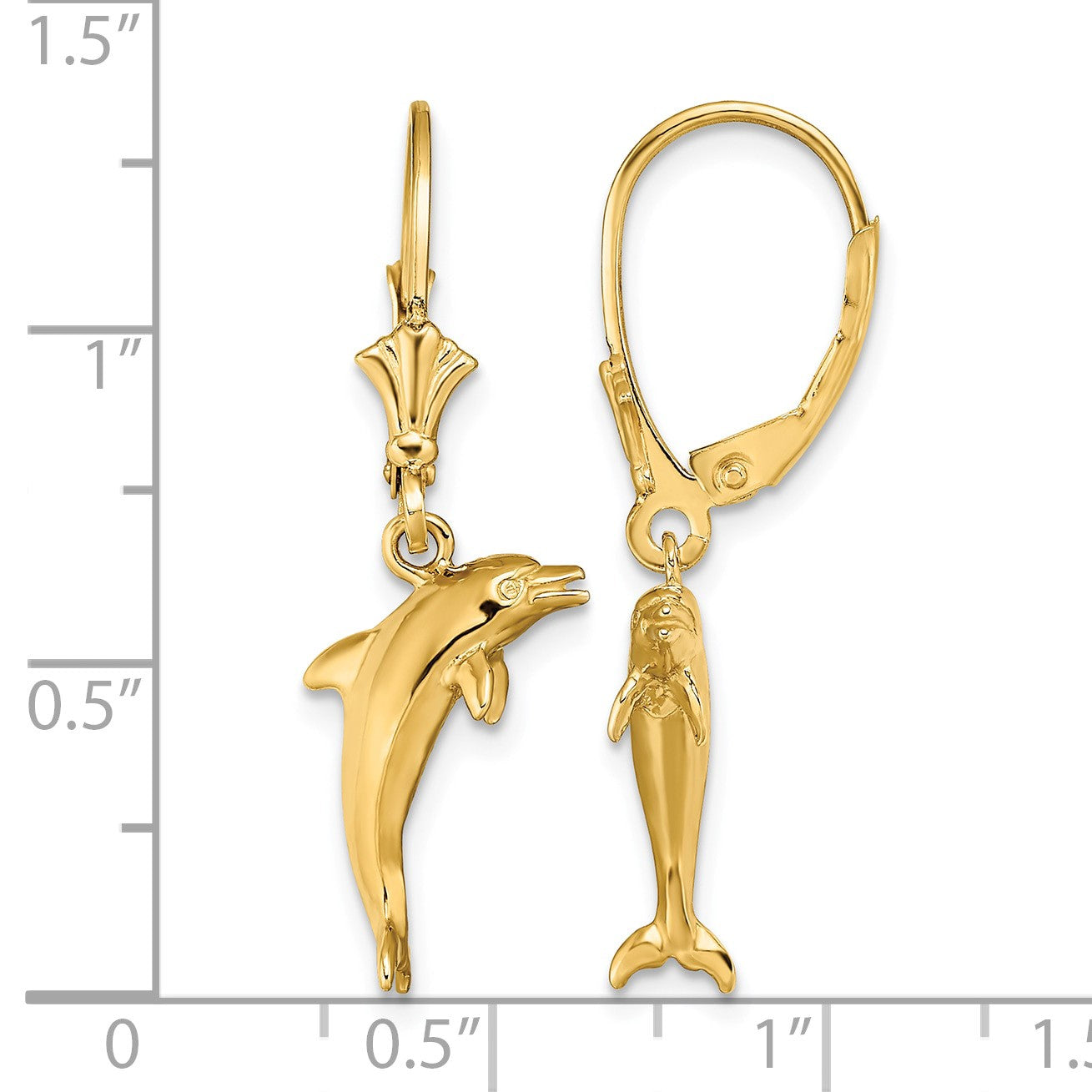 14K 3-D Dolphin Jumping Dangle Leverback Earrings