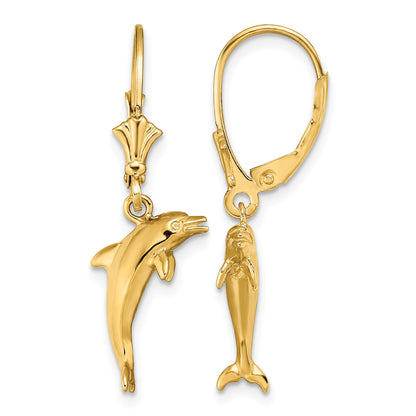 14K 3-D Dolphin Jumping Dangle Leverback Earrings