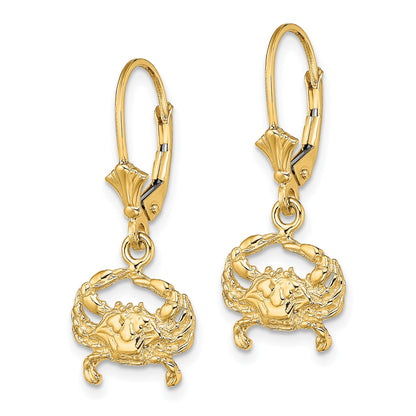 14K 2-D Blue Crab Dangle Leverback Earrings