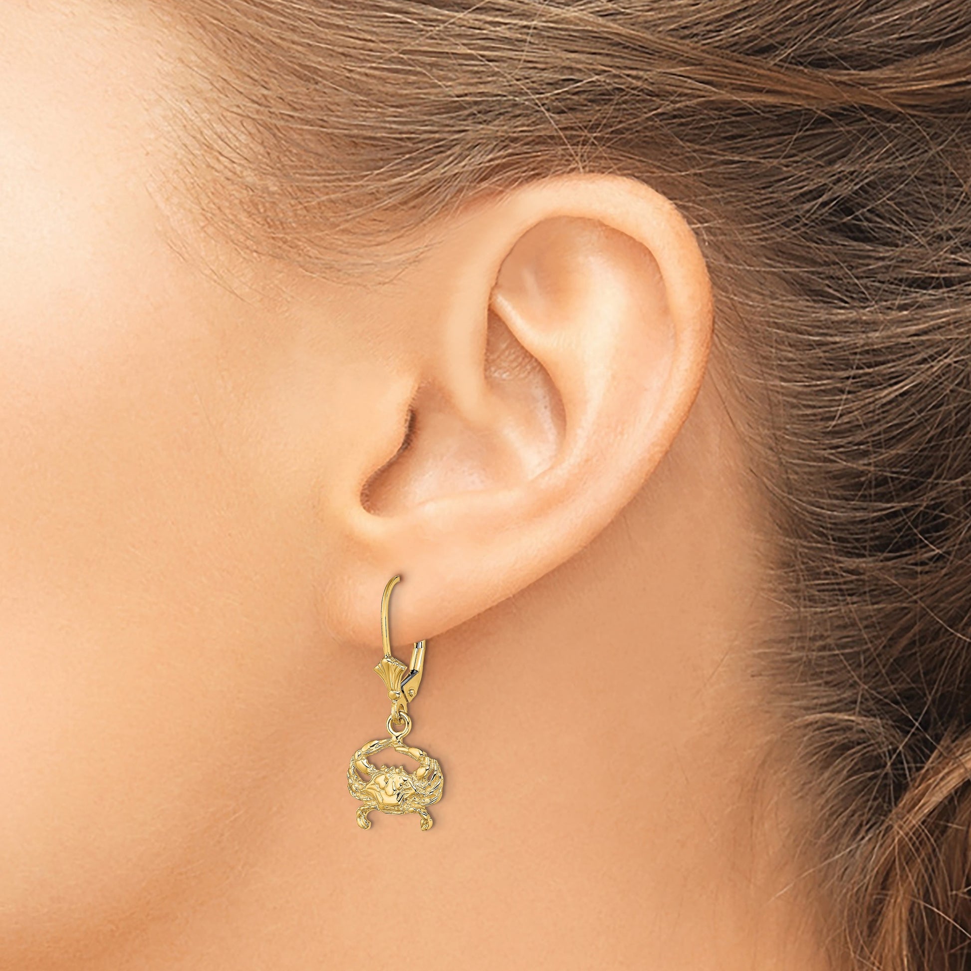 14K 2-D Blue Crab Dangle Leverback Earrings
