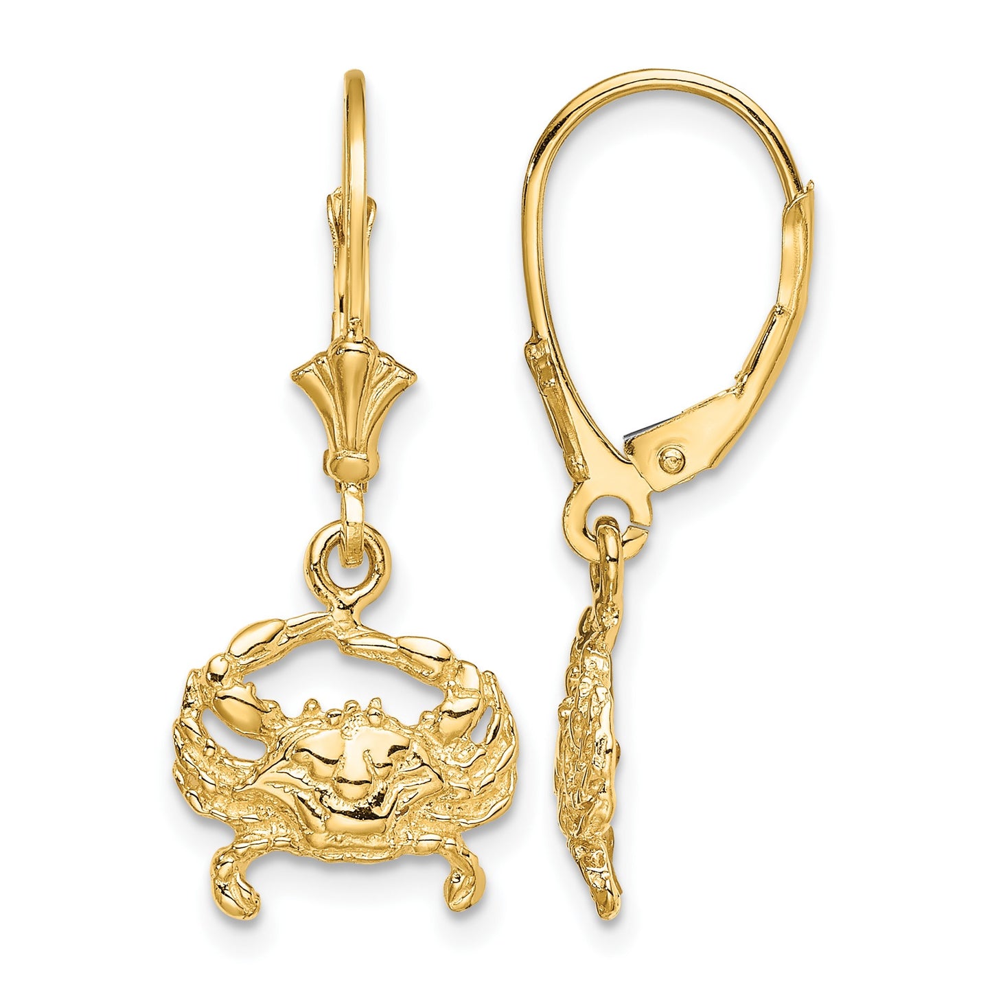 14K 2-D Blue Crab Dangle Leverback Earrings