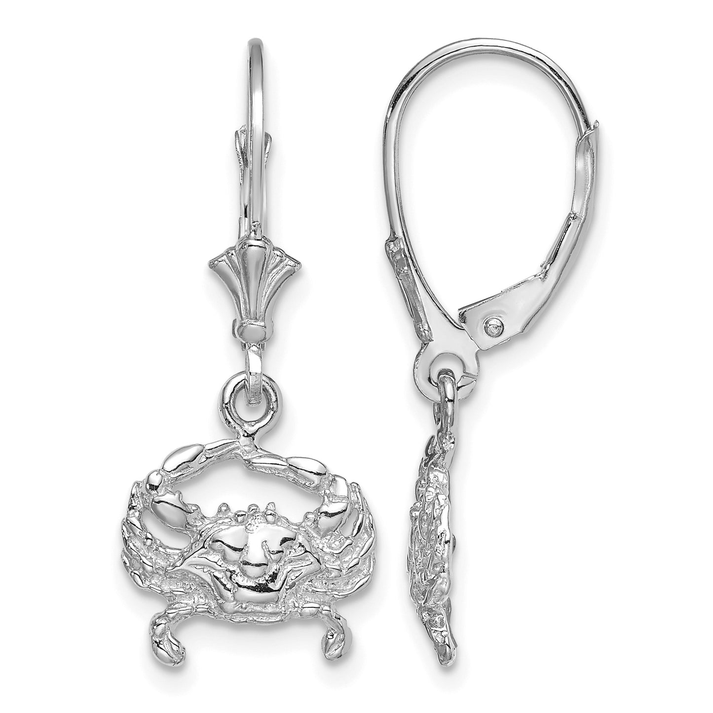 14K White Gold Blue Crab Dangle Leverback Earrings