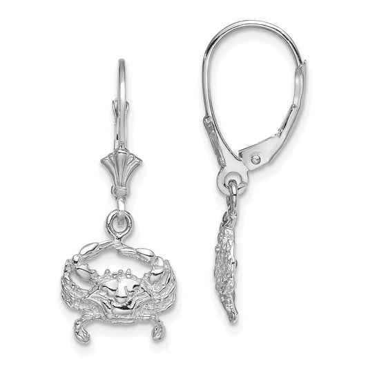 14K White Gold Blue Crab Dangle Leverback Earrings