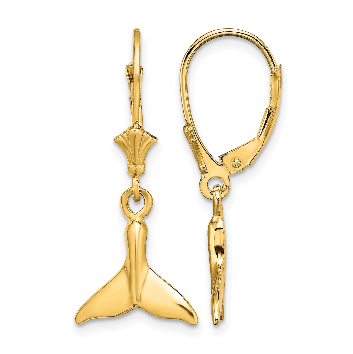 14K Small Whale Tail Dangle Leverback Earrings