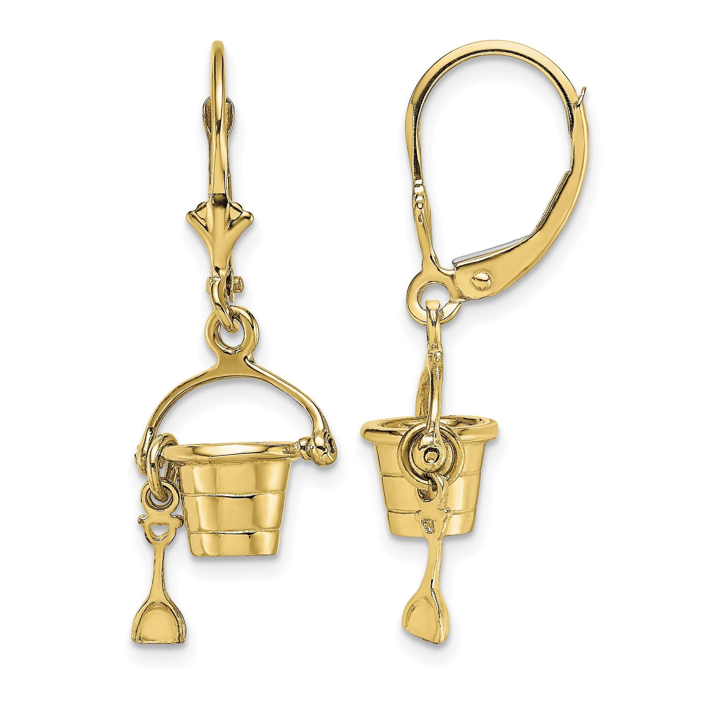 14K 3-D Beach Bucket with Shovel Dangle Leverback Earrings