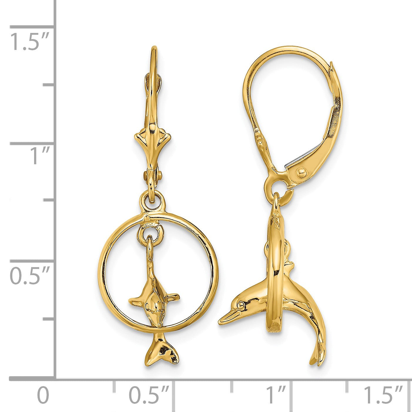 14K 3-D Dolphin Jumping Through Hoop Dangle Leverback Earrings