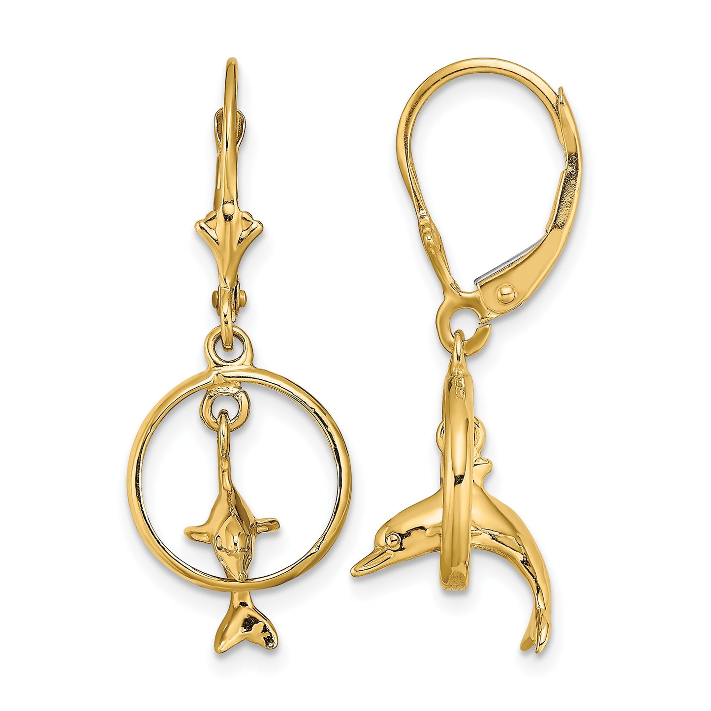 14K 3-D Dolphin Jumping Through Hoop Dangle Leverback Earrings
