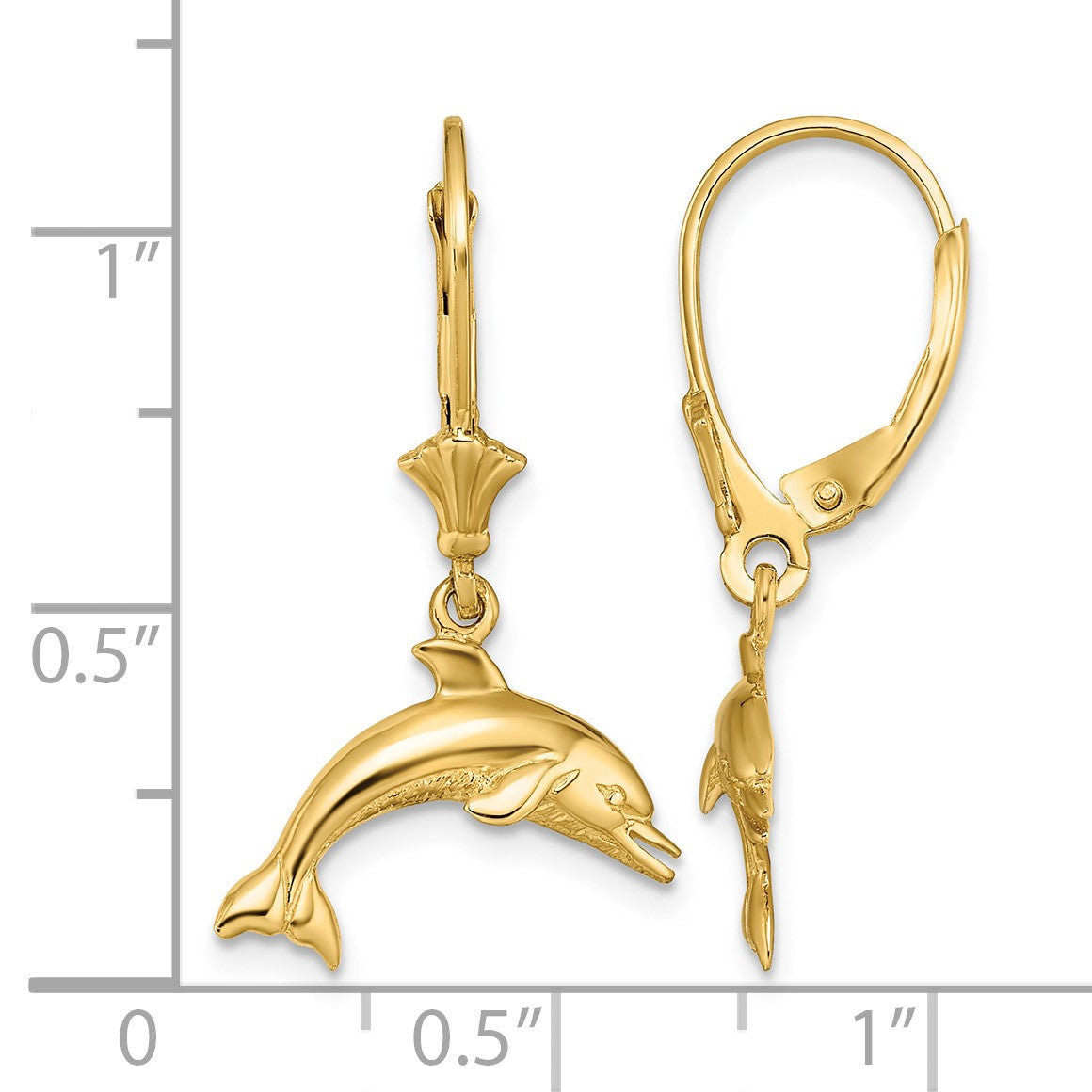 14K Jumping Dolphin Dangle Leverback Earrings