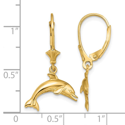 14K Jumping Dolphin Dangle Leverback Earrings