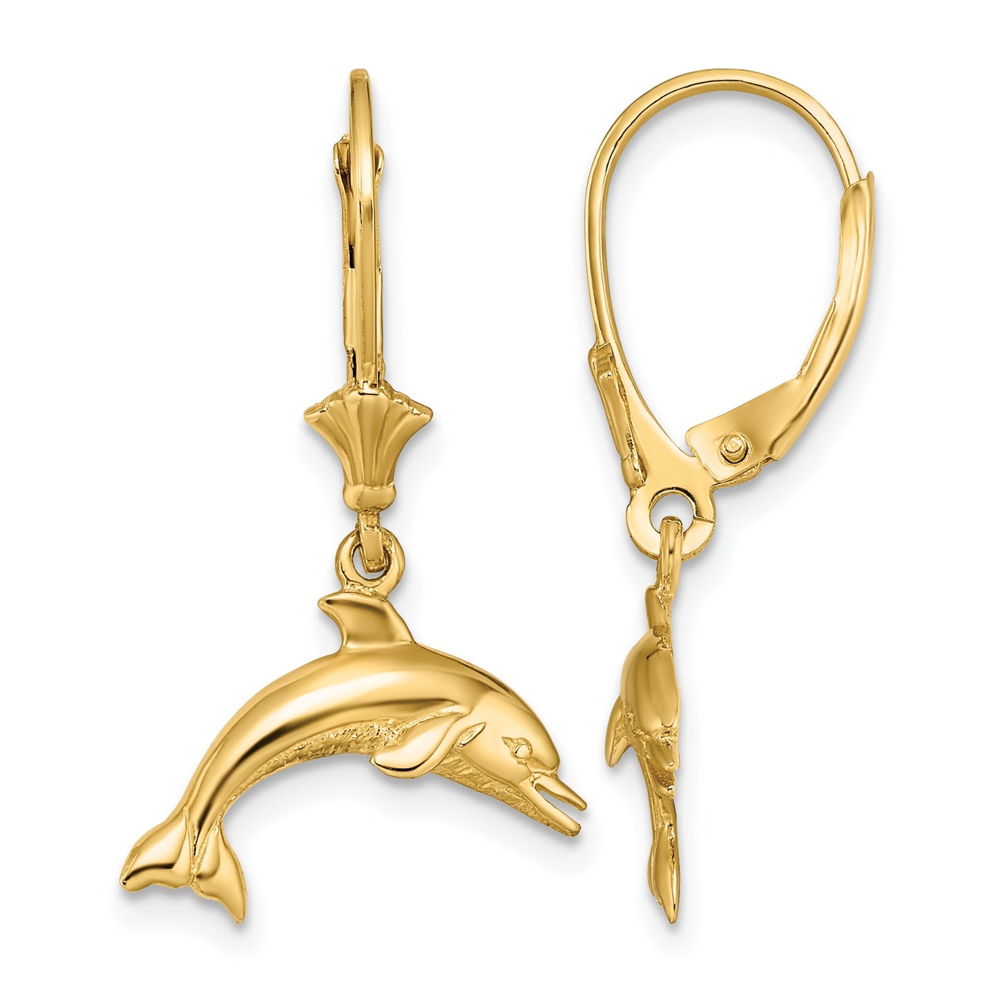 14K Jumping Dolphin Dangle Leverback Earrings