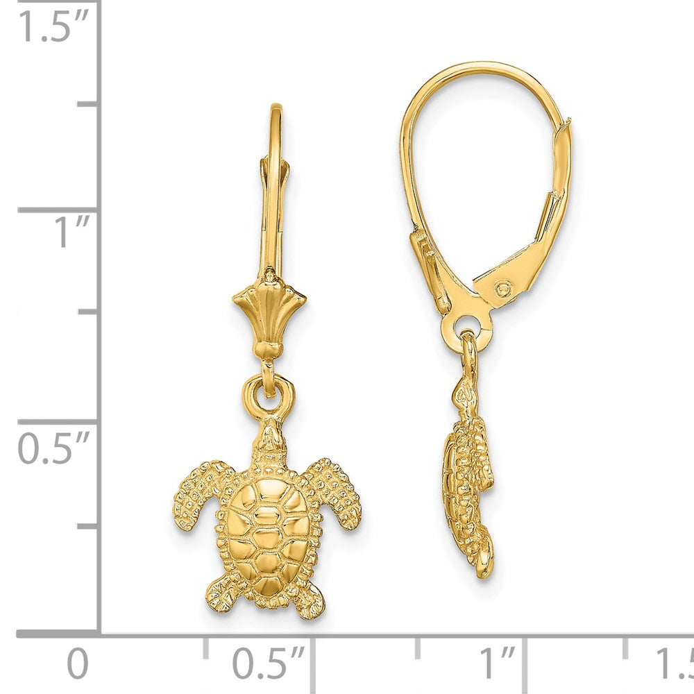 14K 3-D Polished Mini Sea Turtle Leverback Earrings