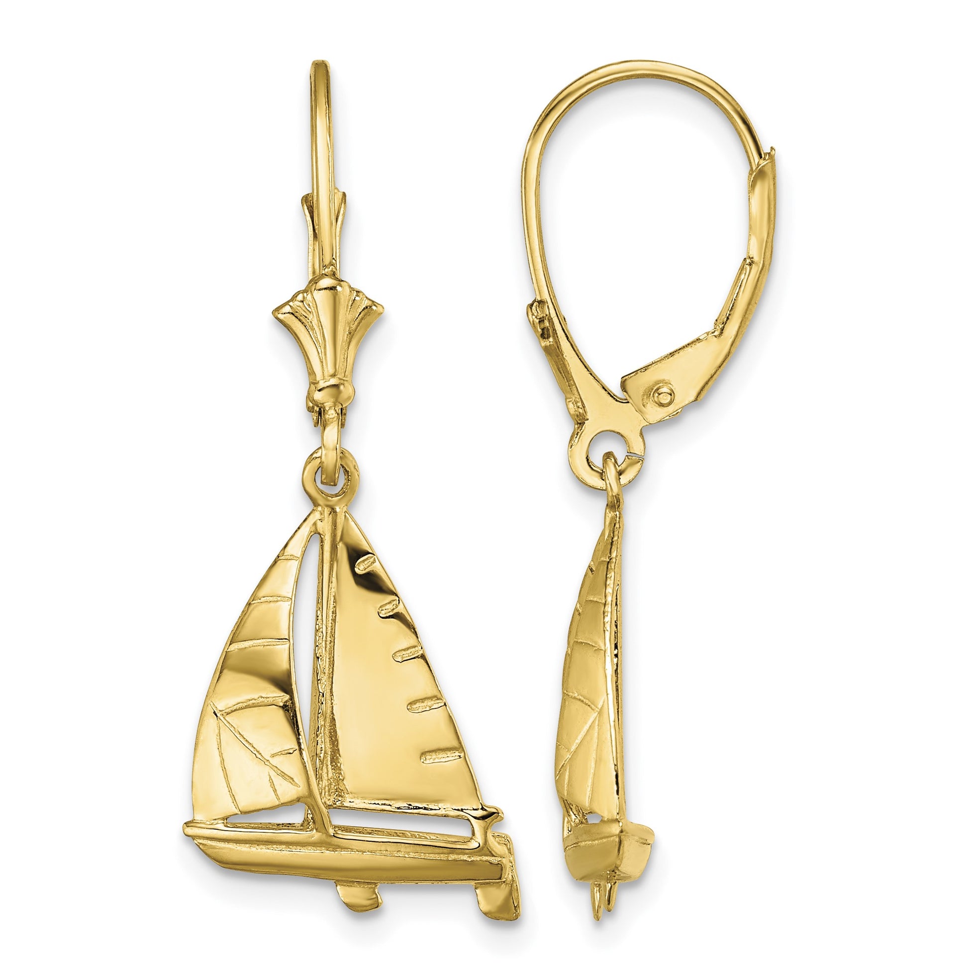 14K 3-D Sailboat Dangle Leverback Earrings