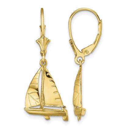 14K 3-D Sailboat Dangle Leverback Earrings