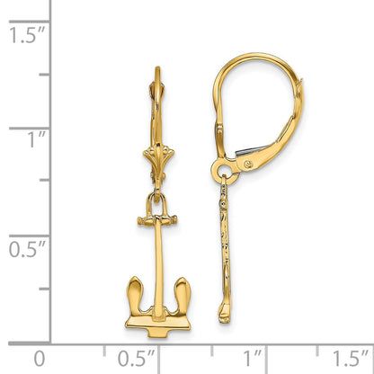 14K Polished Navy T-bar Anchor Dangle Leverback Earrings