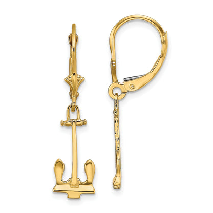 14K Polished Navy T-bar Anchor Dangle Leverback Earrings