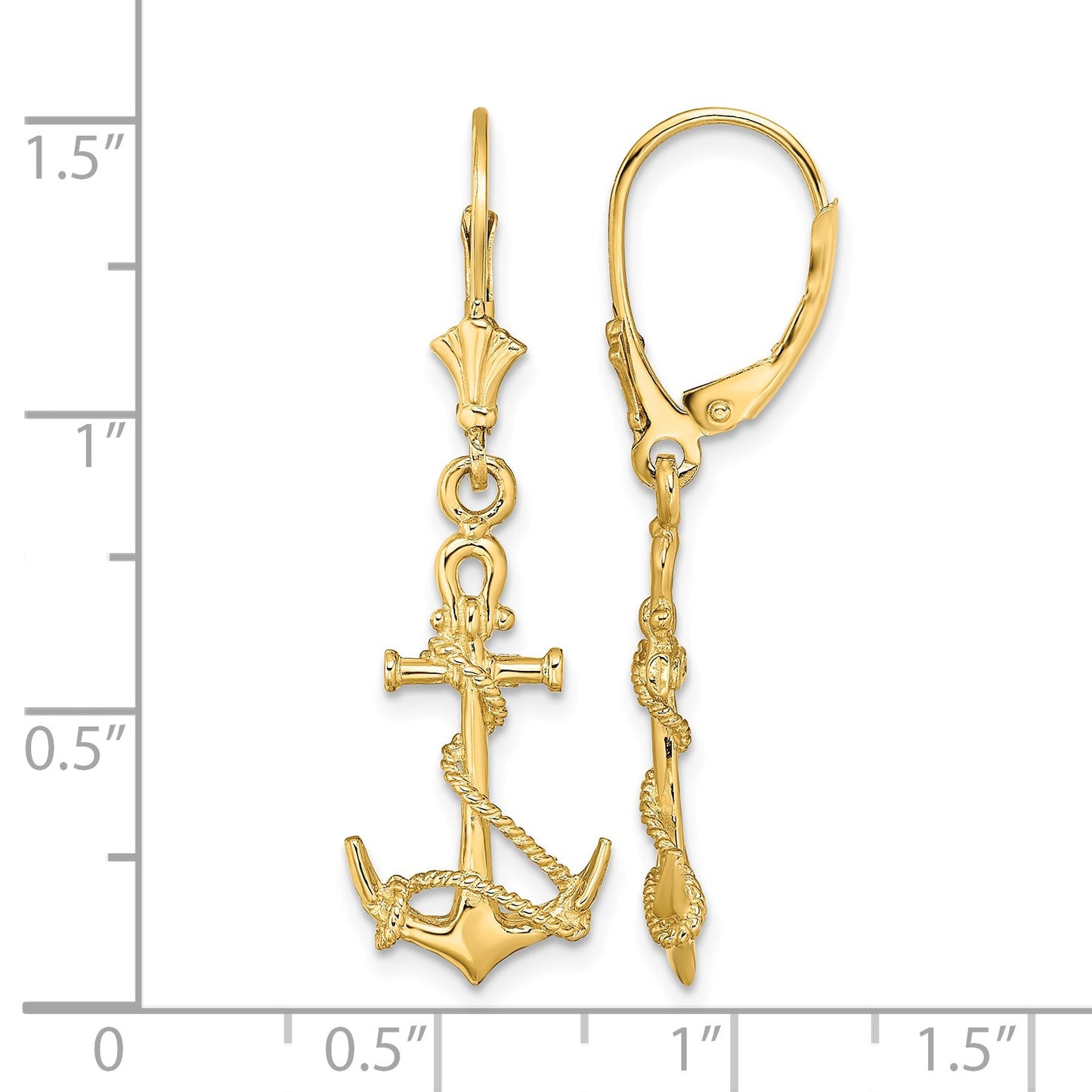 14K 3-D Anchor with Shackle and Entwined Rope Dangle Leverback Earrings