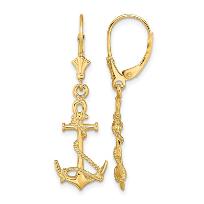 14K 3-D Anchor with Shackle and Entwined Rope Dangle Leverback Earrings