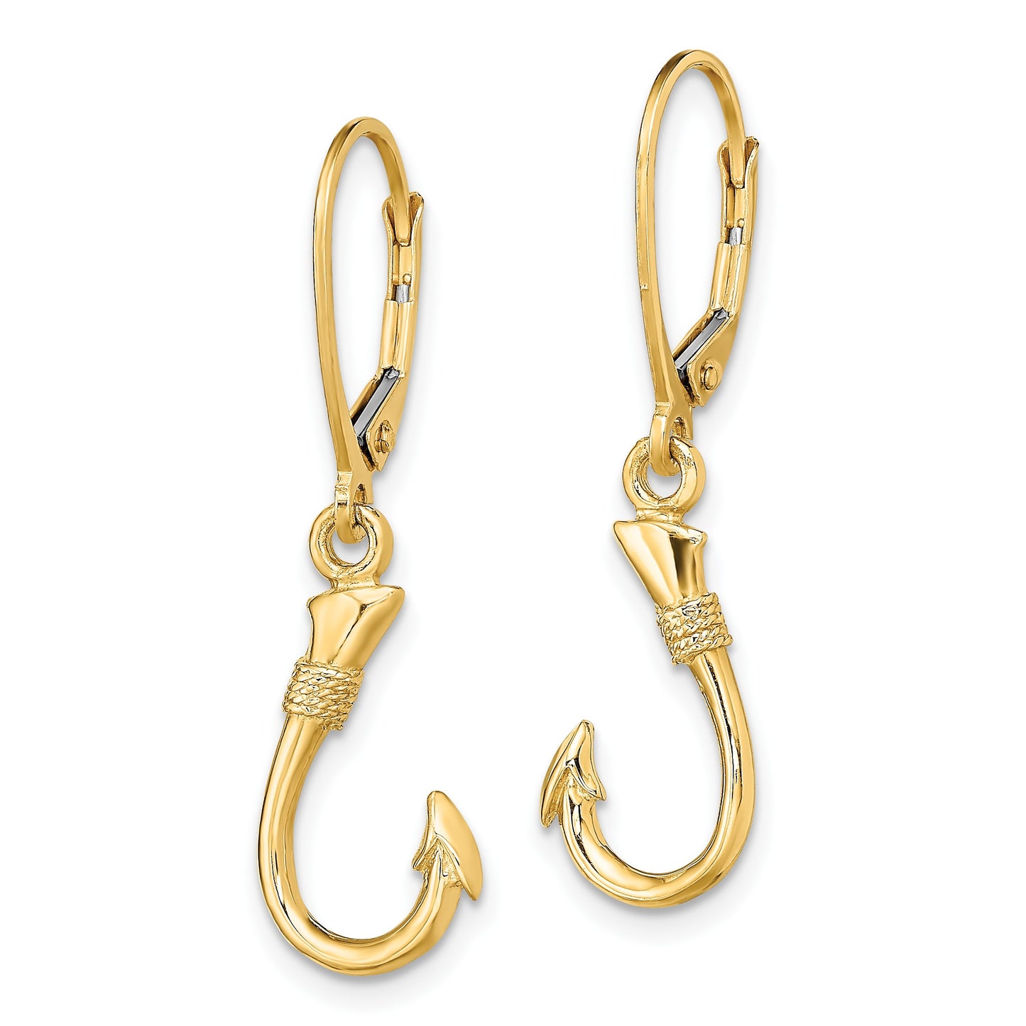 14K 3-D Fish Hook Dangle Leverback Earrings