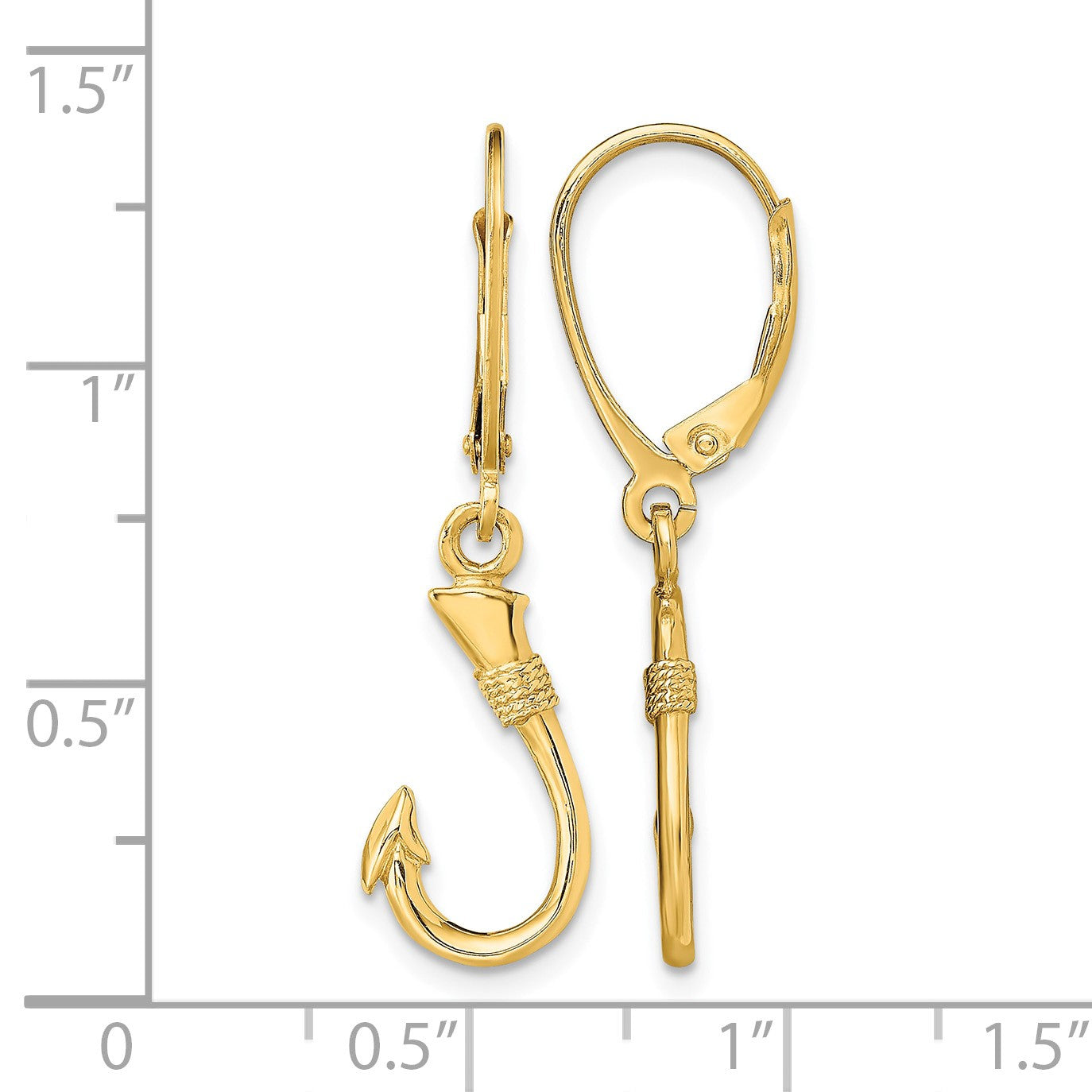 14K 3-D Fish Hook Dangle Leverback Earrings