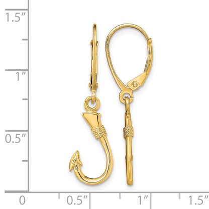 14K 3-D Fish Hook Dangle Leverback Earrings