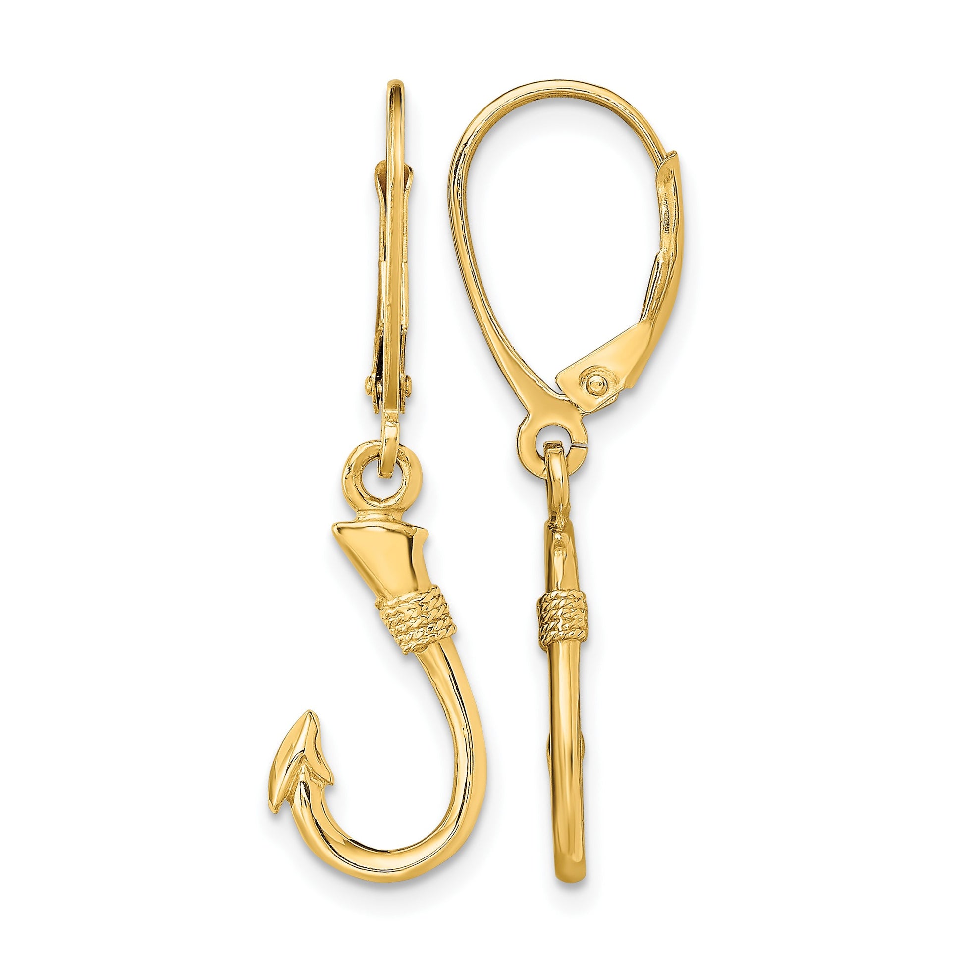 14K 3-D Fish Hook Dangle Leverback Earrings