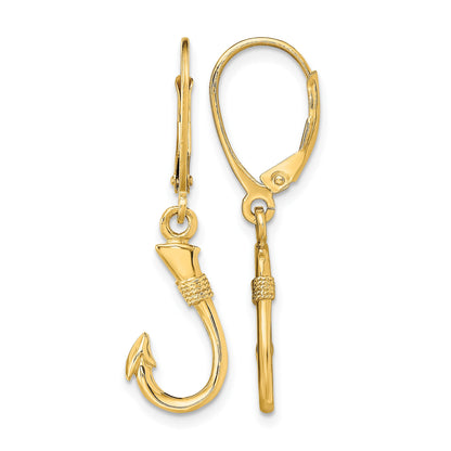 14K 3-D Fish Hook Dangle Leverback Earrings