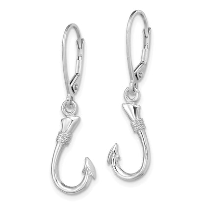 14K White Gold 3-D Fish Hook Dangle Leverback Earrings