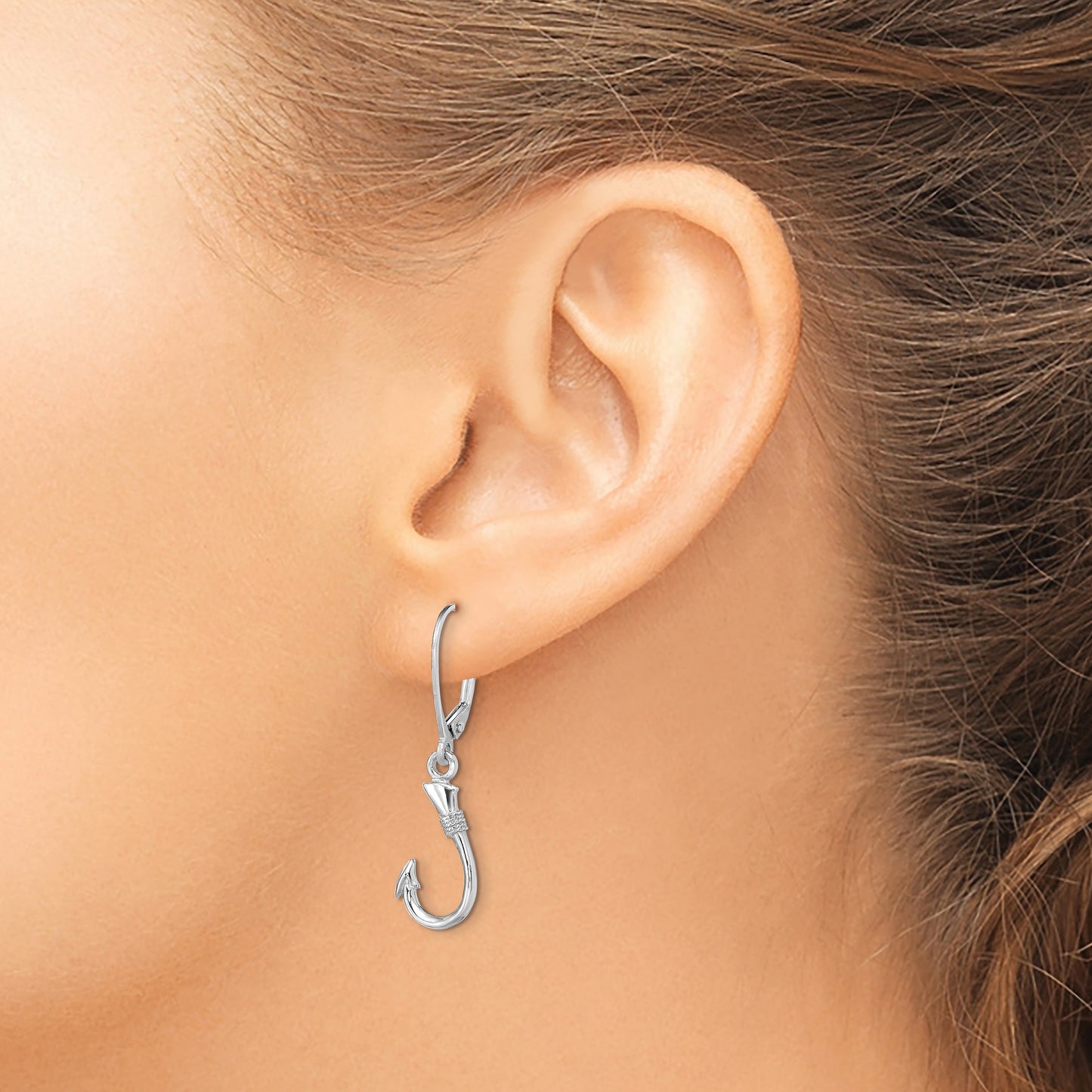 14K White Gold 3-D Fish Hook Dangle Leverback Earrings