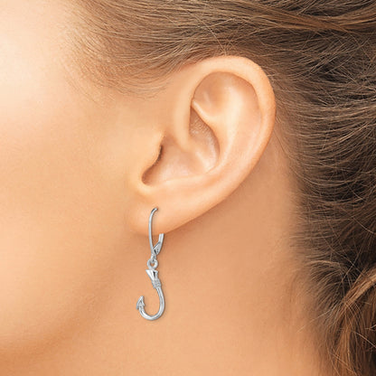 14K White Gold 3-D Fish Hook Dangle Leverback Earrings